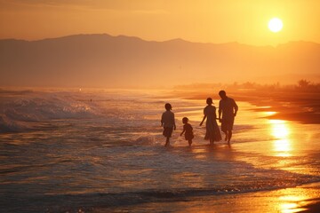 Fototapeta premium Asian family enjoying the beach at sunset