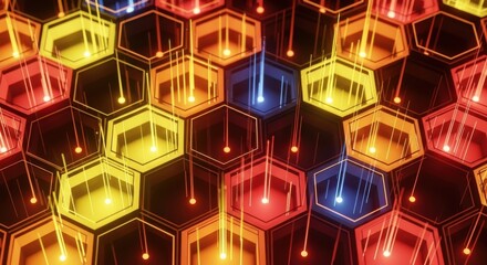 Abstract Glowing Hexagonal Network with Energetic Light Beams Flowing