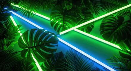 Vibrant Tropical Jungle with Neon Lights Illuminating Lush Greenery