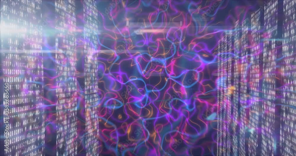 Poster after code columns appearing, neon tendrils weaving inward, code pillars pulsing showing data flow