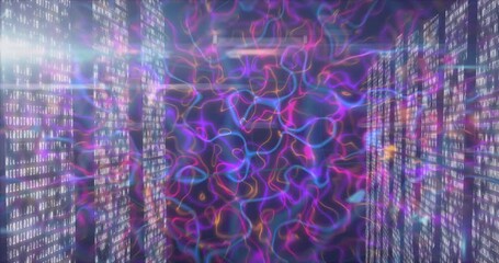 After code columns appearing, neon tendrils weaving inward, code pillars pulsing showing data flow - Powered by Adobe