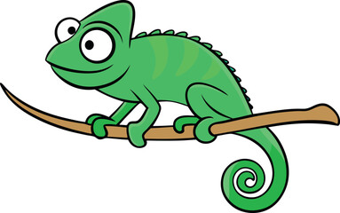 Friendly Green Chameleon Perched on a Branch with a Swirly Tail