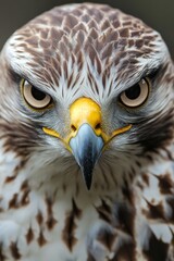 Obraz premium Close-up of a majestic hawk with striking brown and white feathers, showcasing sharp eyes and a powerful beak, symbolizing strength and precision in nature's design
