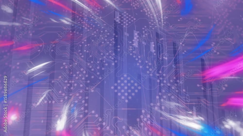 Poster light streaks emerging from edges around central circuit swirling fading representing energy flow