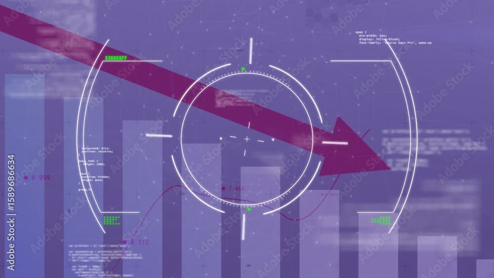Poster red arrow swooping in from upper left starting downward bar trend while rotating hud updating code