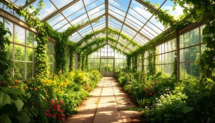 Lush Greenhouse Pathway Surrounded by Vibrant Flowers and Climbing Vines Under Bright Blue Sky