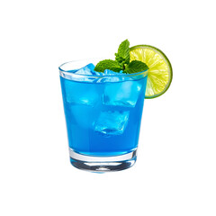 Refreshing blue cocktail with ice, lime and mint garnish on transparent background