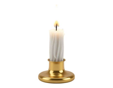 Lit candle in a golden candlestick against a transparent backdrop