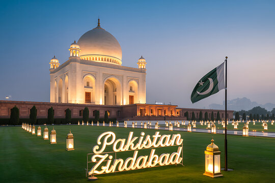 Quaid e Azam Mausoleum stands illuminated at night as crowds gather for respect and remembrance in Karachi, Pakistan.