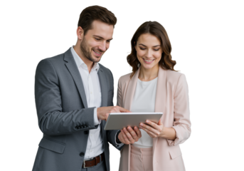 Busy Smiling Middle-Aged Business Man and Woman – Professional Corporate Executives in Suits Discussing Digital Strategy with Tablet, Standing and Collaborating in a Modern Office Setting, isolated on