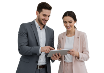 Busy Smiling Middle-Aged Business Man and Woman – Professional Corporate Executives in Suits Discussing Digital Strategy with Tablet, Standing and Collaborating in a Modern Office Setting, isolated on