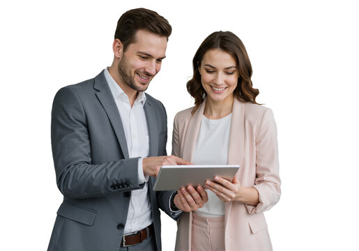 Busy Smiling Middle-Aged Business Man and Woman – Professional Corporate Executives in Suits Discussing Digital Strategy with Tablet, Standing and Collaborating in a Modern Office Setting, isolated on