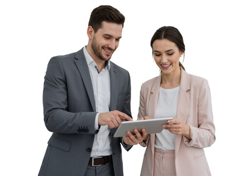 Busy Smiling Middle-Aged Business Man and Woman – Professional Corporate Executives in Suits Discussing Digital Strategy with Tablet, Standing and Collaborating in a Modern Office Setting, isolated on