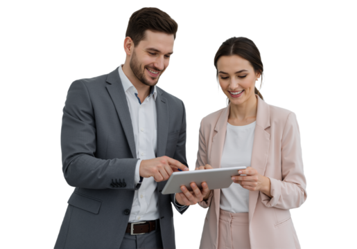 Busy Smiling Middle-Aged Business Man and Woman – Professional Corporate Executives in Suits Discussing Digital Strategy with Tablet, Standing and Collaborating in a Modern Office Setting, isolated on - Powered by Adobe
