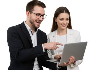 Successful Business Managers: A Man and Woman Collaborating with a Laptop, Working Together as Colleagues in an Office Team Project, isolated on a Transparent Background (PNG)"

