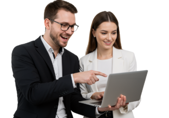 Successful Business Managers: A Man and Woman Collaborating with a Laptop, Working Together as Colleagues in an Office Team Project, isolated on a Transparent Background (PNG)"

