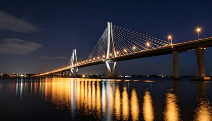 Fototapeta premium Elegant modern bridge illuminated at night over calm water with reflections and cityscape in the background