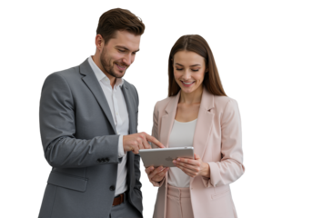 Busy Smiling Middle-Aged Business Man and Woman – Professional Corporate Executives in Suits Discussing Digital Strategy with Tablet, Standing and Collaborating in a Modern Office Setting, isolated on