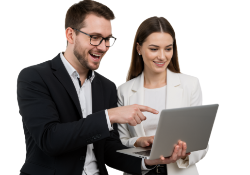 Successful Business Managers: A Man and Woman Collaborating with a Laptop, Working Together as Colleagues in an Office Team Project, isolated on a Transparent Background (PNG)"
