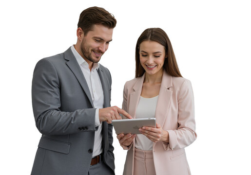 Busy Smiling Middle-Aged Business Man and Woman – Professional Corporate Executives in Suits Discussing Digital Strategy with Tablet, Standing and Collaborating in a Modern Office Setting, isolated on