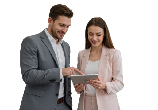 Busy Smiling Middle-Aged Business Man and Woman – Professional Corporate Executives in Suits Discussing Digital Strategy with Tablet, Standing and Collaborating in a Modern Office Setting, isolated on