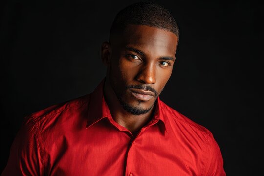 Attractive Black man in red shirt appearing pensive and somber
