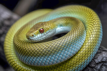 Obraz premium A green and blue snake is curled up on a log