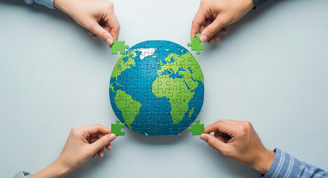Hands assemble a globe puzzle, representing global unity.