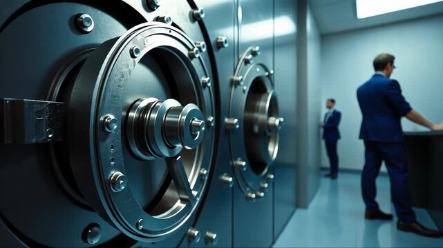 A close-up of a bank vault armored door. The background shows blurred figures of empty space. Professional security service, prevention of robbery and unauthorized access.
