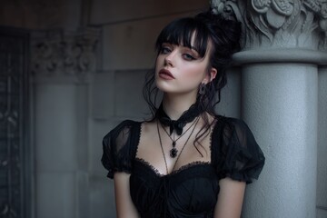 Attractive girl in a retro black dress with gothic hair