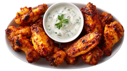 Delicious chicken wings with dipping sauce on a white plate isolated on transparent background