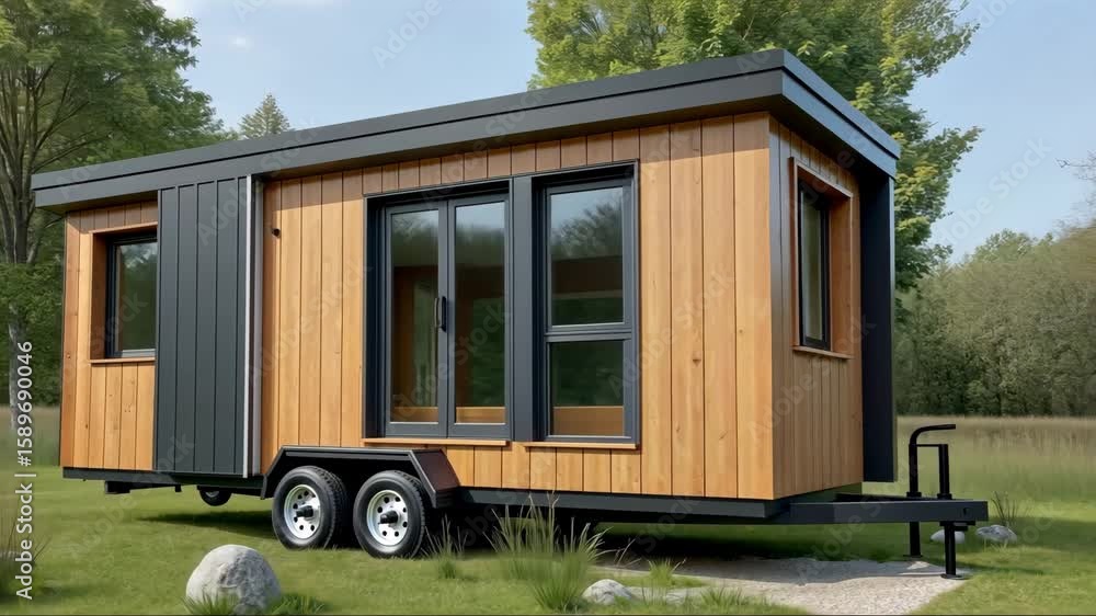 Poster A tiny house with a compact design and efficient use of space, perfect for minimalist living in a serene environment..