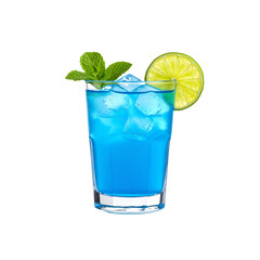 Refreshing blue cocktail featuring lime and mint garnish on transparent background