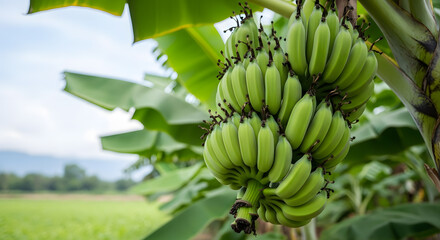 Close-Up of Lush Green Bananas on Plant with Tropical Backdrop and Natural Lighting