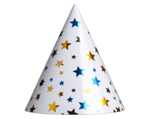 Classic White Party Hat with Colorful Star Patterns, isolated on transparent background