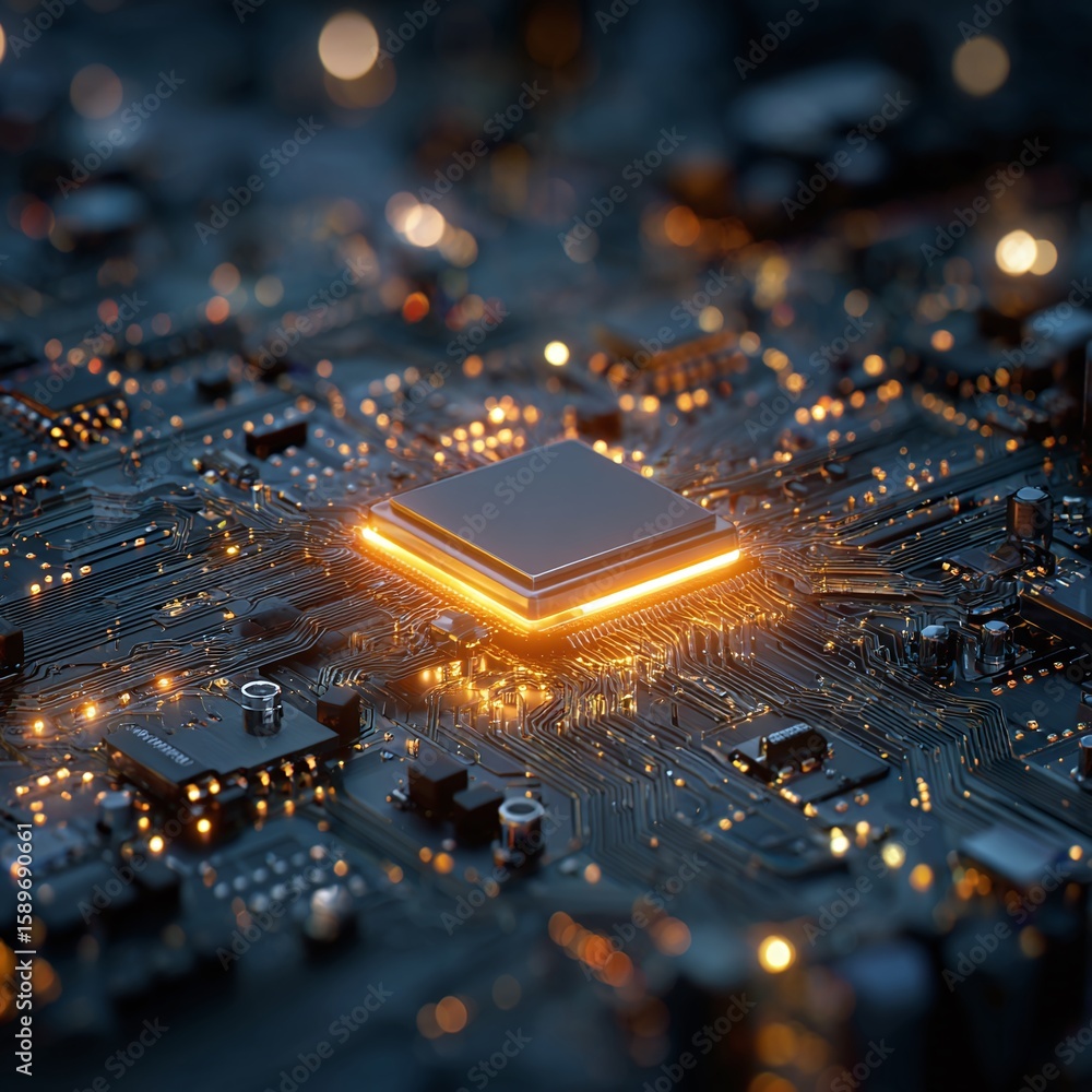 Aufkleber glowing processor on dark circuit board, high-tech computing innovation concept