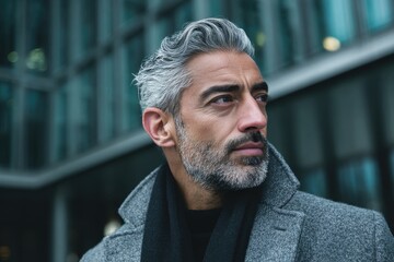 Obraz premium Attractive Persian businessman with gray hair outside contemporary structure