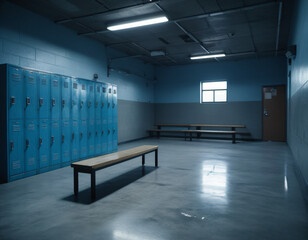 industrial locker room with blue metal lockers and wooden benches