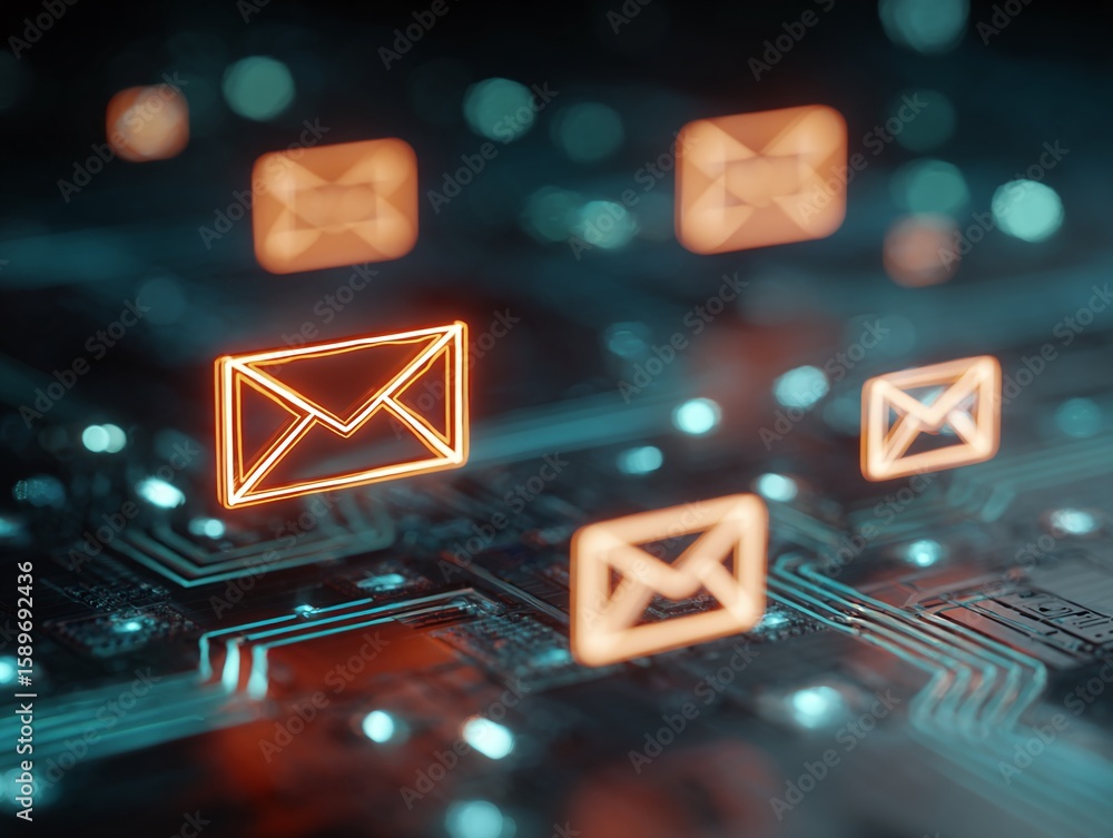 Poster multiple glowing email icons on circuit board, digital communication network