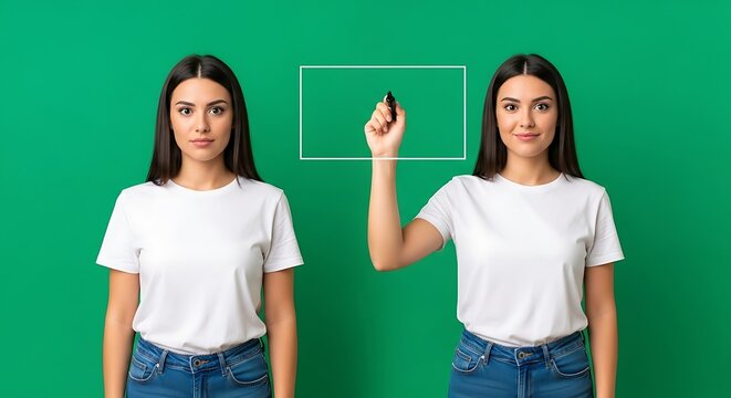 Creative Concept Woman Interacting with a Floating Screen on Green Background for Infographics and Presentations