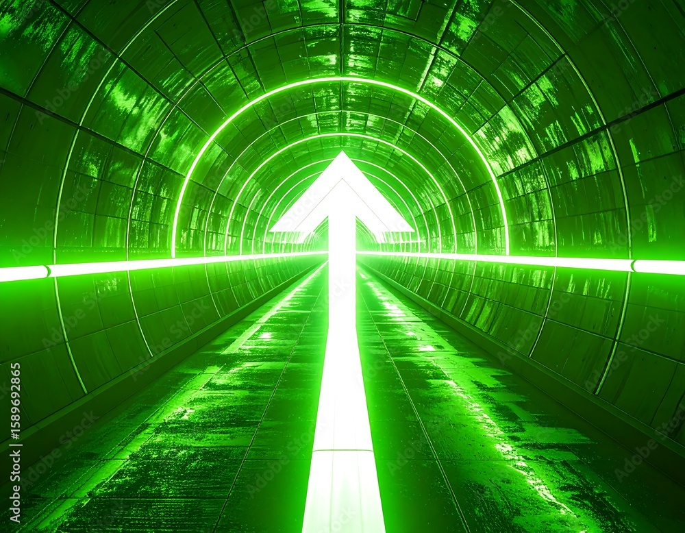 Poster futuristic neon green tunnel with arrow design symbolizing direction and progress in technology