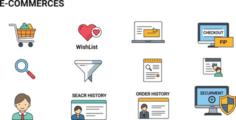 E-commerce icons showing cart, wishlist, laptop, search, and order history