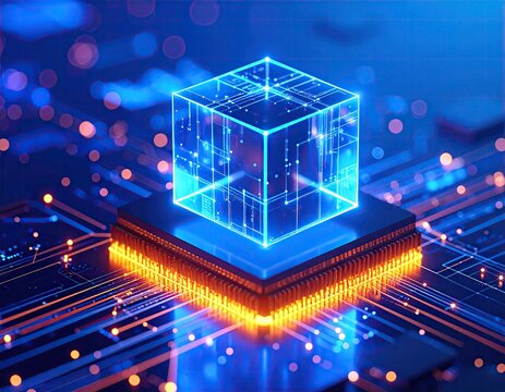 Abstract digital cube on circuit board