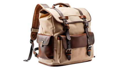 Beige canvas backpack with brown and black leather accents isolated on blue and transparent background