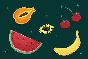 Vector fruits set isolated on background. Watermelon, cherry, papaya, bananas icon. Vector illustration of summer fruits in flat style.