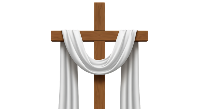 Wooden christian cross draped with white fabric isolated on transparent background