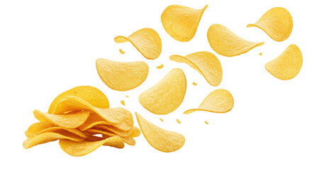 Golden crispy golden-brown potato chips with irregular shapes floating dynamically upwards, stack accumulating on pristine, seamless transparent studio background, high-key commercial product concept