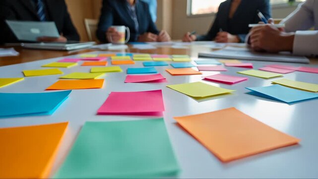 Table with colorful sticky notes on it. The notes are in different colors and sizes. The table is surrounded by people, some of whom are writing on the notes. Scene is creative and collaborative