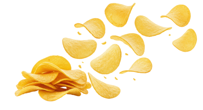 Golden crispy golden-brown potato chips with irregular shapes floating dynamically upwards, stack accumulating on pristine, seamless transparent studio background, high-key commercial product concept