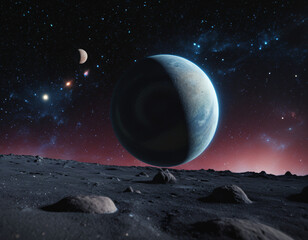 alien world scene featuring a cratered surface and vibrant space backdrop